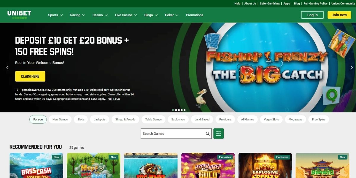 Screenshot of the Unibet website